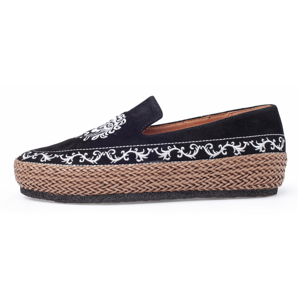 Cora In Black Kid Suede/Brown Woven Leather